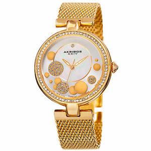 【送料無料】腕時計　ゴールドストーンパールメッシュブレスレットwomens akribos xxiv ak881yg gold tone quartz mother pearl mesh bracelet watch｜hokushin