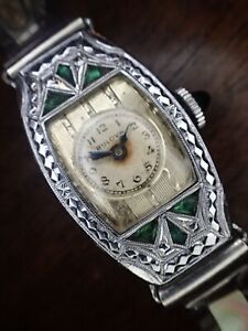 【送料無料】腕時計　アールデコサービス＃rare art deco woman’s bulova watch with emarald green stones 1920’s 4 service60