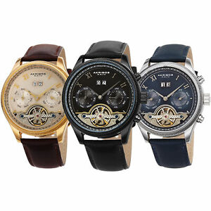 【送料無料】腕時計　メンズマルチファンクションスケルトンレザーストラップウォッチmens akribos xxiv ak1065 automatic multifunction skeleton leather strap watch