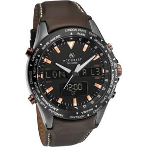【貨物輸送無料】ウオッチ アナログデジタルワールドタイムレザーストラップ￥ご覧なさるaccurist 7101 gents analogue digital world time leather strap watch rrp 23900