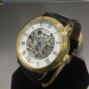 【貨物輸送無料】ウオッチ メンズロータリーウォッチスケルトンゴールドスチールブラックレザー