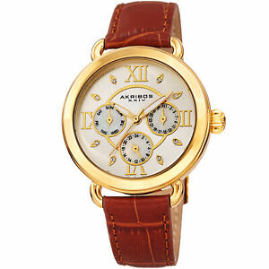 【送料無料】腕時計　スワロフスキークリスタルレザークロノグラフウォッチwomens akribos xxiv ak1043ygbr chronograph swarovski crystal leather watch｜hokushin