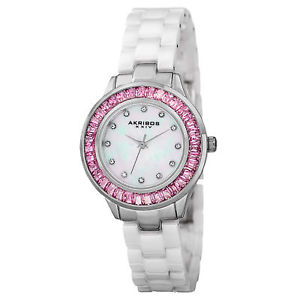 【送料無料】腕時計　クォーツピンククリスタルベゼルホワイトセラミックウォッチ womens akribos xxiv ak781wtp quartz pink crystal bezel white ceramic watch