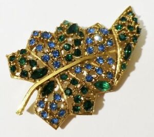 【送料無料】アクセサリー　ネックレスブローチbroche ancienne couleur or feuille incrustation cristaux bleu et vert 27 15,606円