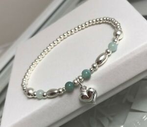 【貨物輸送無料】添え物 ネックレスストレッチスタッキングブレスレットhermosa pulsera de apilamiento de corazn hinchado estiramiento amazonita plata esterlina