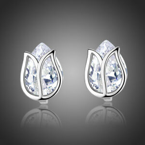 【送料無料】アクセサリー　ネックレス　ホワイトゴールドメッキクリアジルコンスタッドイヤリングbianco placcato oro chiaro luccicante brillante zircone fiore di loto stud orecchini da sposa