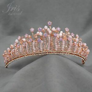 【貨物輸送無料】添え物 頸飾り ピンクオパールオーストリアクリスタルラインストーンティアラウンopale rosa cristallo austriaco strass tiara corona sposa matrimonio