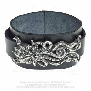 【送料無料】アクセサリー　ネックレス　ゴシックピューターカフ alchemy gothic peltro cthulhu rising nera in pelle cinturino da polso bracciale a115