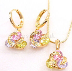 【送料無料】アクセサリー　ネックレス　ピンクイヤリングネックレスセットイエローゴールドle donne rosa dangle earrings collana set cz zirconi placcato in oro giallo 18k