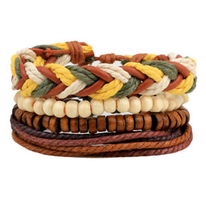 【送料無料】アクセサリー　ネックレス　ブレスレットビーズロープbraccialetto retr composto 4pz in pelle perline legno corda colorata abbinata