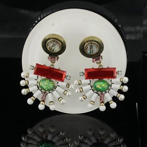 【送料無料】アクセサリー　ネックレス　イヤリングゴールドクリップファンレッドグリーンホワイトパールレトロorecchini clip dorato etnico grandi ventilatore rosso bianco verde perla retr 22,350円