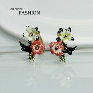 【送料無料】アクセサリー　ネックレス　イヤリングクリップエナメルorecchini piccolo clip dorato uccello inghiottire smalto nero rosso fiore l9