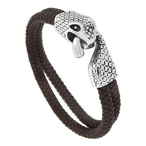 【送料無料】アクセサリー　ネックレス　ブレスレットステンレススチールスネークフックpelle marrone 2strand intreccio bracciale w acciaio inox serpente gancetto