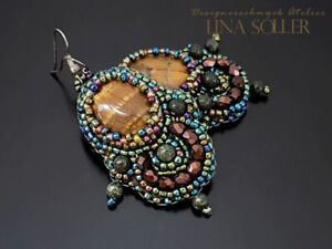 【送料無料】アクセサリー　ネックレス　デザイナータイガーイヤリングdesigner orecchini xxl con occhio di tigre, interamente a mano, ricamati 1516