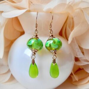 【貨物輸送無料】添え物 頸飾り boucles doreilles dor belles perles en verre artisanal lampwork vert amp; gouttes