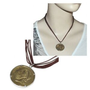 【貨物輸送無料】付属物 頸飾り コインカラーゴールドブラウンコードネックレスcollana con ciondolo moneta colore oro placcato インチ argento cordoncino marrone ジュエリー・アクセサリー-男女兼用アクセサリー