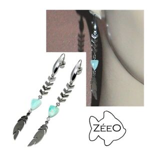【貨物輸送無料】付属物 頸飾り イヤリングzeeo boucles doreilles originales acier argent amazonite plume bijou earring ネックレス・ペンダント-ジュエリー・アクセサリー-男女兼用アクセサリー