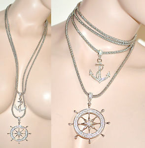 【貨物輸送無料】付属物 頸飾り ネックレスシルバーペンダントcollana lungagirocollo donna argento ciondoli ancora timone strass cristalli 87 男女兼用アクセサリー-ネックレス・ペンダント-ジュエリー・アクセサリー