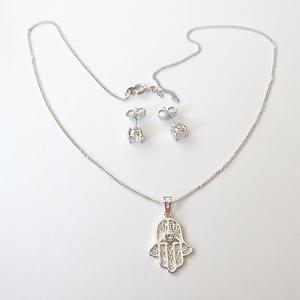 【貨物輸送無料】添え物 頸飾り ネックレスイヤリングファティマparure collana orecchini donna color argento mano di fatima zirconi bianchi 87 p