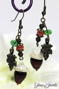 【貨物輸送無料】添え物 頸飾り ガラスペンダントブロンズビンテージイヤリングglass jewels orecchini bronzo pendenti vintage lampwork autunno ghiande i064