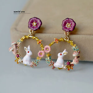 【貨物輸送無料】付属物 首飾り ブランローズバイオレットboucles doreilles clous dor creole lapin fleur email blanc rose violet l2