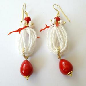 【貨物輸送無料】付属物 首飾り シチリアイヤリングカラーゴールドsicilia  orecchini donna colore oro con corallo rosso e perle bianche   190 aa