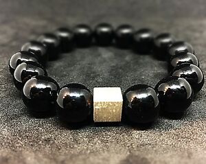 【貨物輸送無料】付属物 頸飾り オニキススターリングシルバーカフブレスレットカフミリonyx lucido 925er sterling argento bracciale bracelet bracciale perle nero 12 粍 男女兼用アクセサリー-ジュエリー・アクセサリー