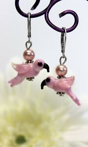 【貨物輸送無料】付属物 首飾り ガラスステンレススチールペンダントイヤリングピンクglass jewels インチ acciaio inox orecchini pendenti uccelli rosa perle estate lampwork c038