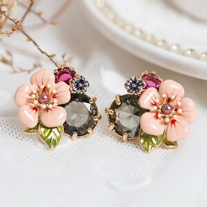 【貨物輸送無料】付属物 首飾り ビンテージクラスboucles doreilles dormeuses email fleur rose gris feuille vert class vintage l1