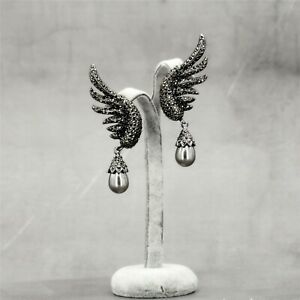 【貨物輸送無料】付属物 首飾り グロクリスタルノワールアールデコ×boucles doreilles argent gros aile cristal noir perle goutte art deco x2