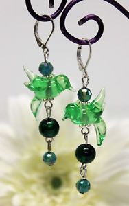 【貨物輸送無料】付属物 首飾り ガラスシルバーペンダントイヤリングスプリンググリーンglass jewels argento orecchini pendenti perle uccelli verde primavera lampwork l100