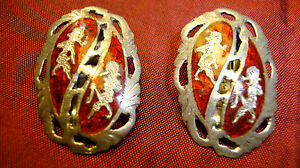 【送料無料】アクセサリー　ネックレス　イヤリングクリップスターリングシルバーレッドエナメルサイアムantichi orecchini a clip argento sterling smalto rosso decori a incisione siam