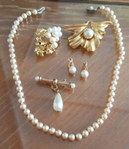 【送料無料】アクセサリー　ネックレス　ビンテージプラークコリアーlot bijoux vintage plaque or et perles broche boucles doreilles collier refv514