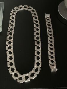【送料無料】ネックレス ソリッドスターリングシルバーフラットチェーンマッチングブレスレットsolid sterling silver flat curb chain amp; matching curb bracelet 211gms ****