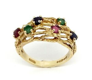 【送料無料】ネックレス ソリッドゴールドリングビンテージアートルビーサファイアエメラルドサイズsolid gold 9ct bark effect ring vintage artsamp;crafts ruby sapphire emerald size m