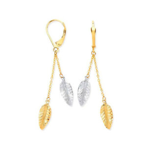 【送料無料】ネックレス　イエローホワイトゴールドリーフデザインドロップイヤリング9ct hallmarked yellow amp; white gold leaf design 54mm drop dangle earrings｜hokushin
