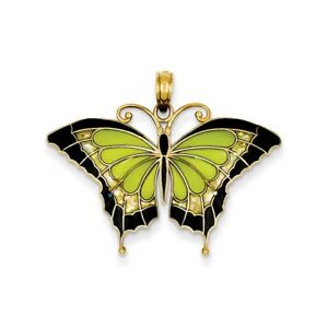 【送料無料】ネックレス　イエローゴールドソリッドステンドグラス14k yellow gold solid polished green stained glass wings butterfly charm