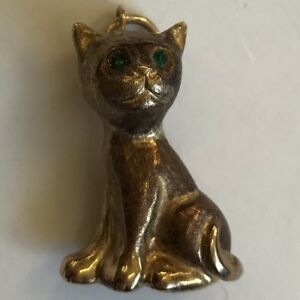 【送料無料】ネックレス　ヴィンテージイエローゴールドグリーンベゼルグリーンvintage 9ct yellow gold cat green bezel green eyes charm height 2cm