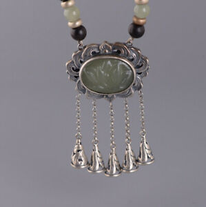 【送料無料】ネックレス　コリアーシルバーボウリング listingf05 collier silver 925 lotus flower green jade tassels with bowling｜hokushin