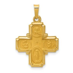 【送料無料】ネックレス　イエローゴールドポリッシュサテンクロスメダルペンダント14k yellow gold polished amp; satin finish four way cross medal religious pendant｜hokushin