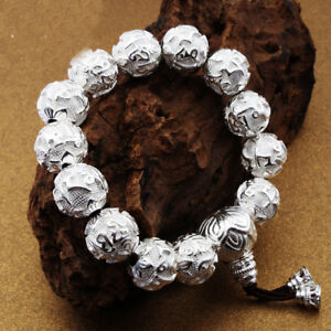 【送料無料】ネックレス　990スターリング12mmsolid 990 sterling silver bracelet 12mm buddhist sutra bead bracelet for men