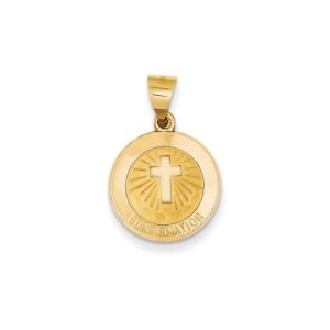 【送料無料】ネックレス　イエローゴールドサテンクロスメダルラウンドペンダント14k yellow gold polished satin finish confirmation cross medal round pendant