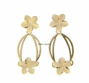 【送料無料】ネックレス　ソリッドイエローゴールドハワイアンプルメリアイヤリング14k solid yellow gold hawaiian plumeria flower dangling earrings