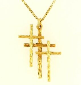 【送料無料】ネックレス　イエローゴールドトリプルクロスペンダントボックスリンクチェーン9ct yellow gold triple three cross pendant 21x28mm w 1975 box link chain