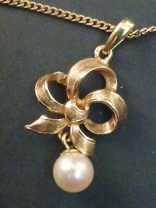 【送料無料】ネックレス　チェーンドロップボウペンダントquality 9ct bow pendant with pearl drop on chain