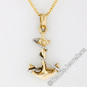 【送料無料】ネックレス　イエローホワイトゴールドプチアンカーロープツイストペンダントチェーン14k yellow white gold petite anchor w rope twisted charm pendant chain｜hokushin