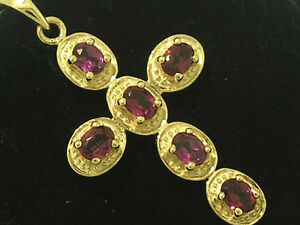 【送料無料】ネックレス　ソリッドイエローゴールドガーネットクロスペンダントp009 genuine solid 9ct yellow gold natural rhodolite garnet cross pendant