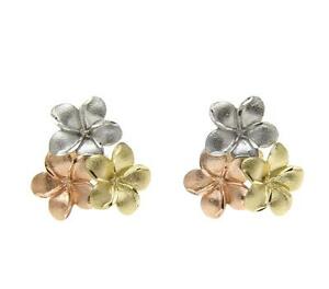 【送料無料】ネックレス　イエローローズホワイトゴールドハワイアンプルメリアクラスタスタッドポストイヤリング14k yellow rose white tricolor gold hawaiian plumeria cluster stud post earrings