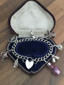 【送料無料】ネックレス　ビンテージスターリングシルバーヘビーブレスレットwjs 8 hallmarked vintage sterling silver heavy charm bracelet 48gr bgham 1977