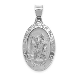 【送料無料】ネックレス　ｋホワイトゴールドサテンポリッシュセントクリストファーメダルペンダント14k white gold satin amp; polished st christopher protect us medal oval pendant